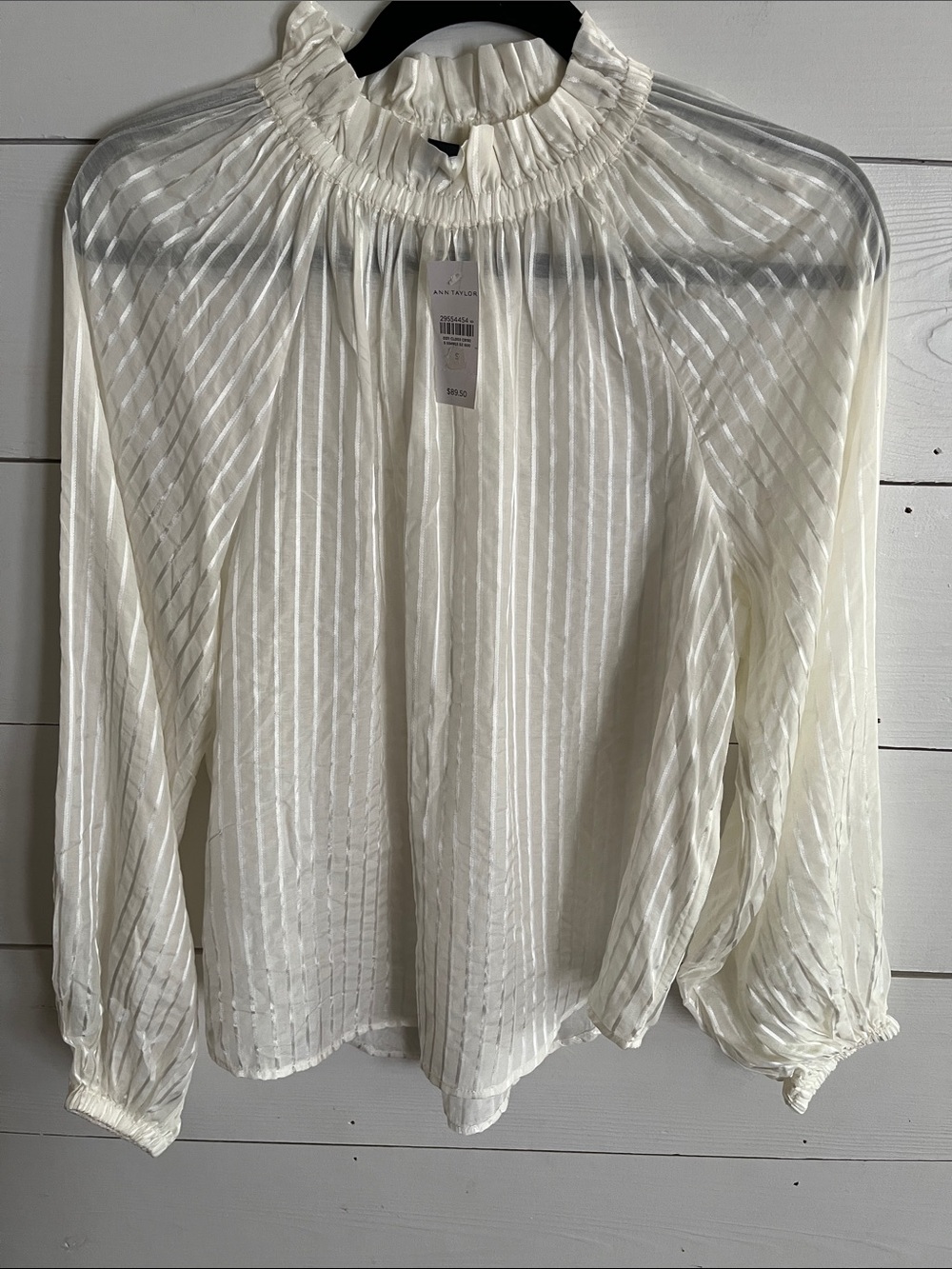 Ann Taylor Ivory Sheer Pleated Ruffle-Neck Blouse